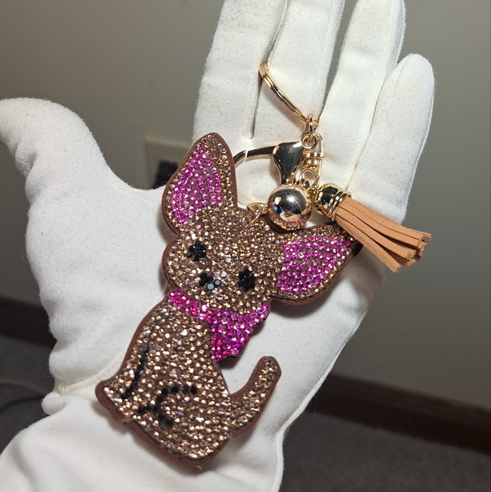 Cute Chihuahua sparkly keyring, Brown and Pink. 2"